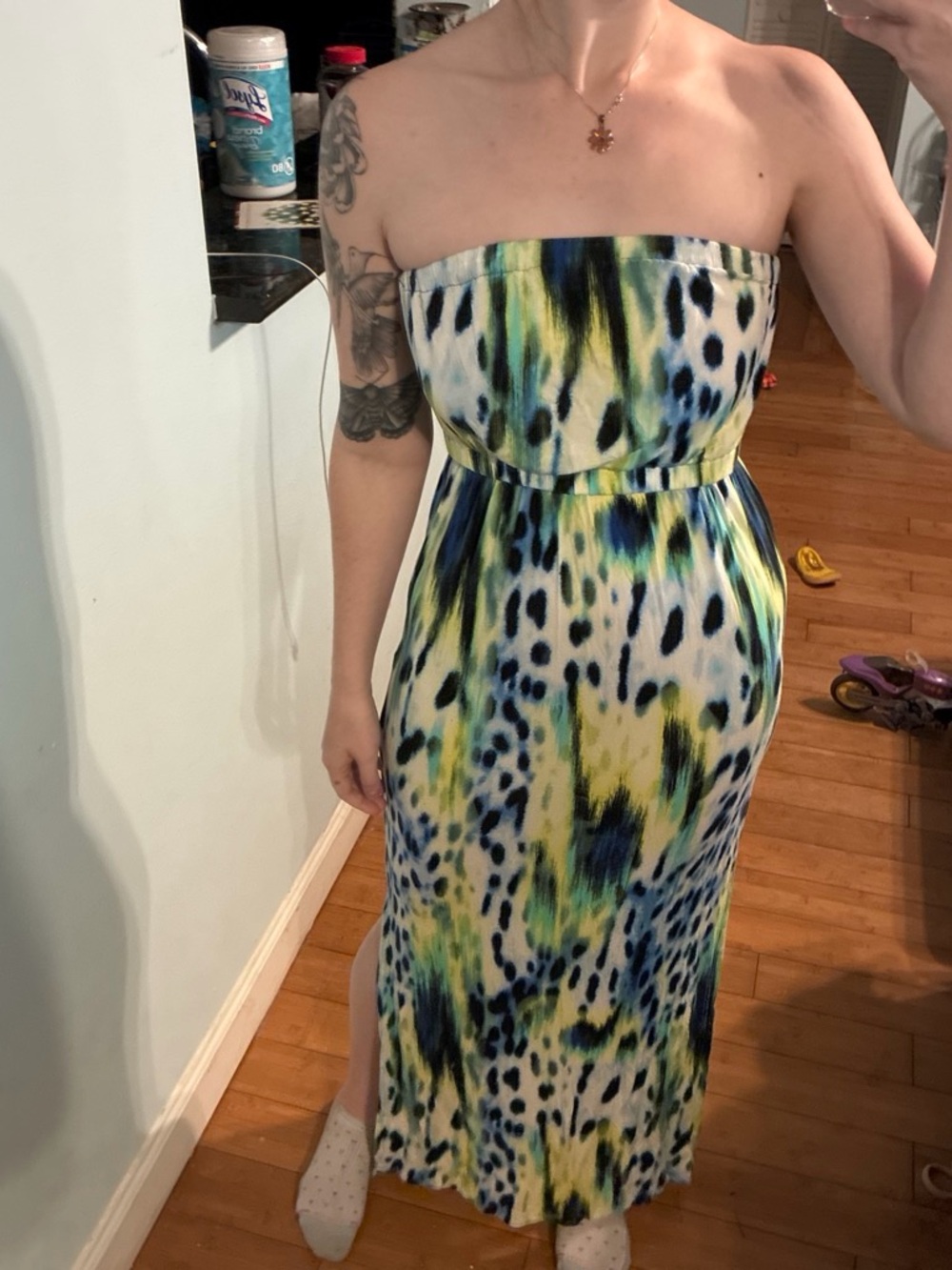 Apt. 9 Strapless Maxi Dress in Blue, Green, Yellow and White Print